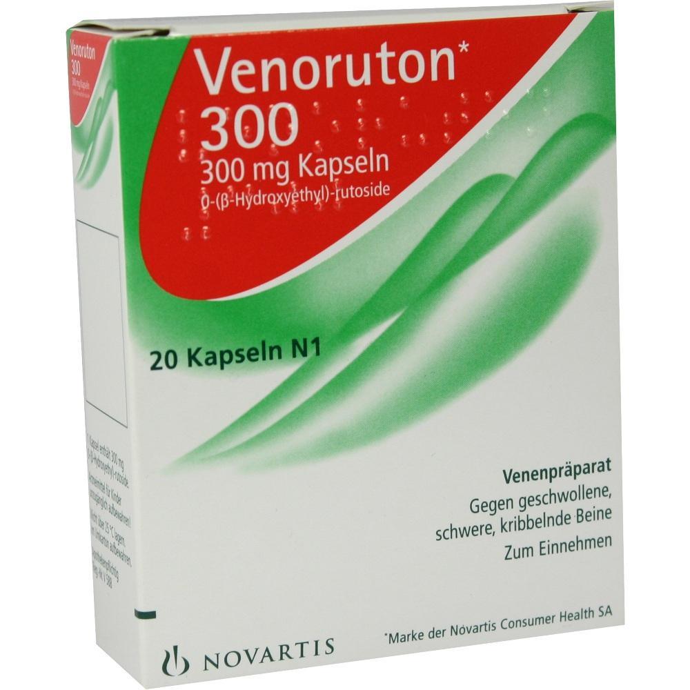 Verpackung von Venoruton-Kapseln mit 300 mg zur Behandlung von Venenproblemen.