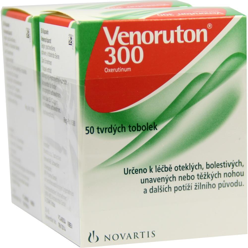 Verpackung von Venoruton 300 in Rot und Grün mit Text in verschiedenen Sprachen.