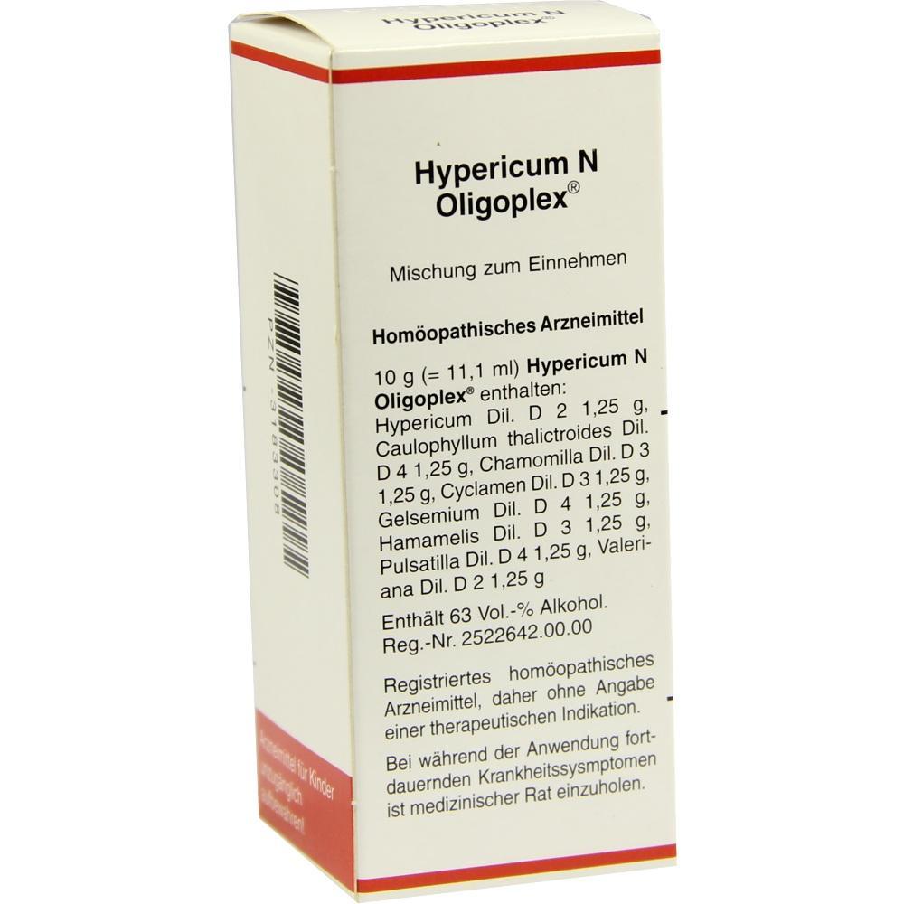 Weiße Verpackung mit Aufschrift "Hypericum N Oligoplex", ein homöopathisches Arzneimittel.
