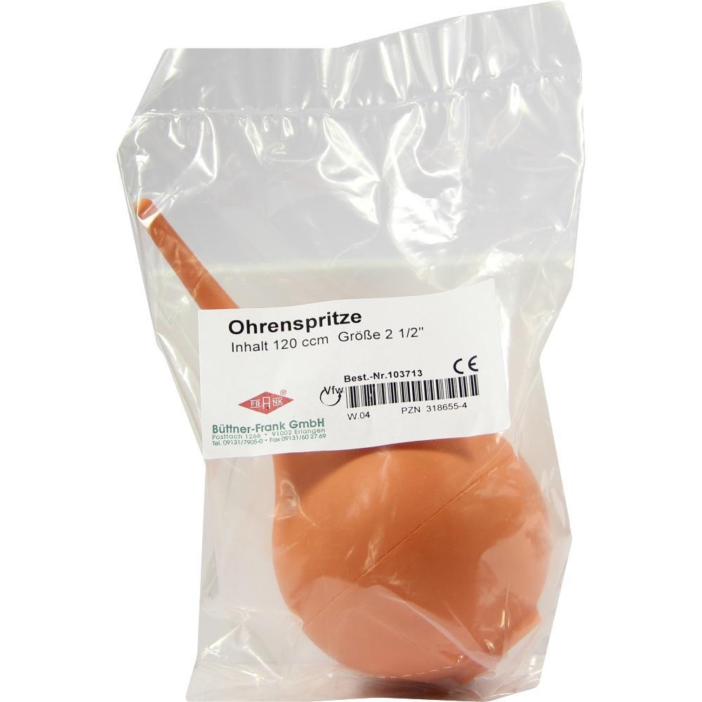 Eine orangefarbene Ohrspritze in einer durchsichtigen Plastiktüte.