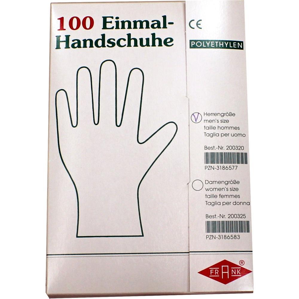 Eine Verpackung mit 100 Einmalhandschuhen aus Polyethylen in Herrengr&ouml;&szlig;e.