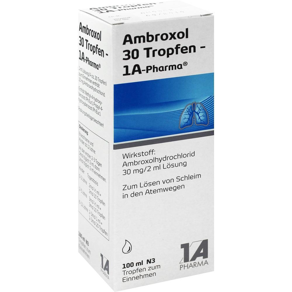 Verpackung von Ambroxol-Tropfen zur Schleimlösung in den Atemwegen.