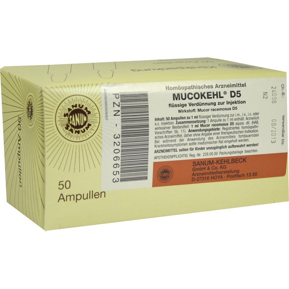 Eine gelbe Schachtel mit 50 Ampullen homöopathischen Arzneimittels MUCOKEHL D5.
