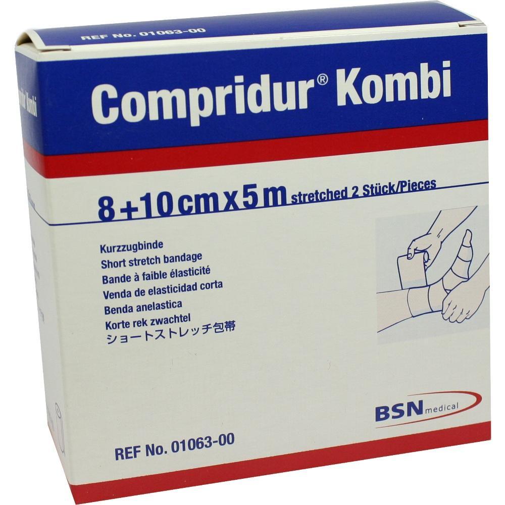 Eine Packung mit medizinischen Kompressionsbinden in blau-weißem Design.