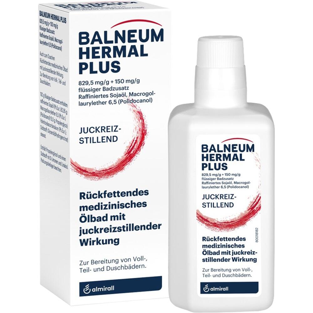 Flasche und Verpackung von Balneum Hermal Plus, einem medizinischen Badeöl gegen Juckreiz.