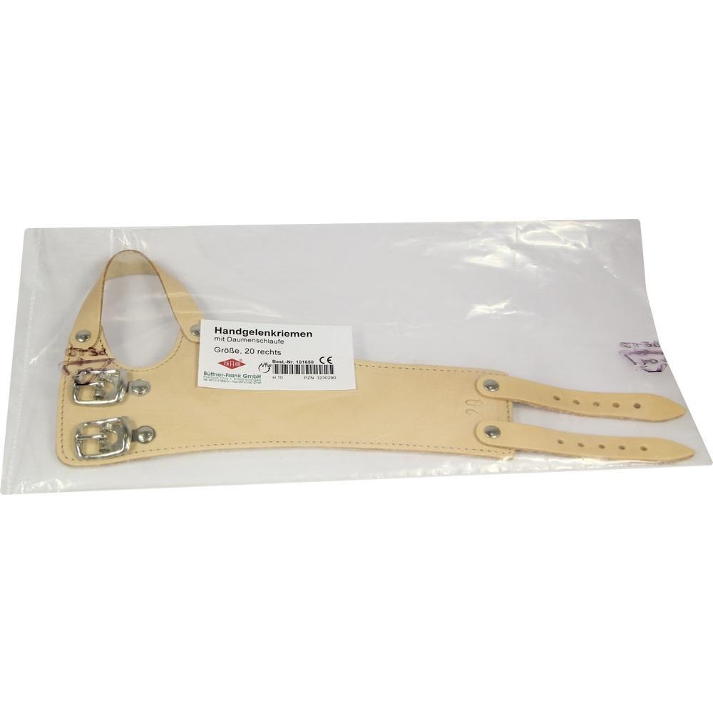 Ein beige Handgelenkriemen mit Schnallen liegt in einer durchsichtigen Plastiktüte.