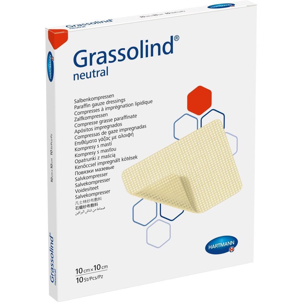 Verpackung von Grassolind-Kompressen mit einer gezeigten Kompresse darauf.