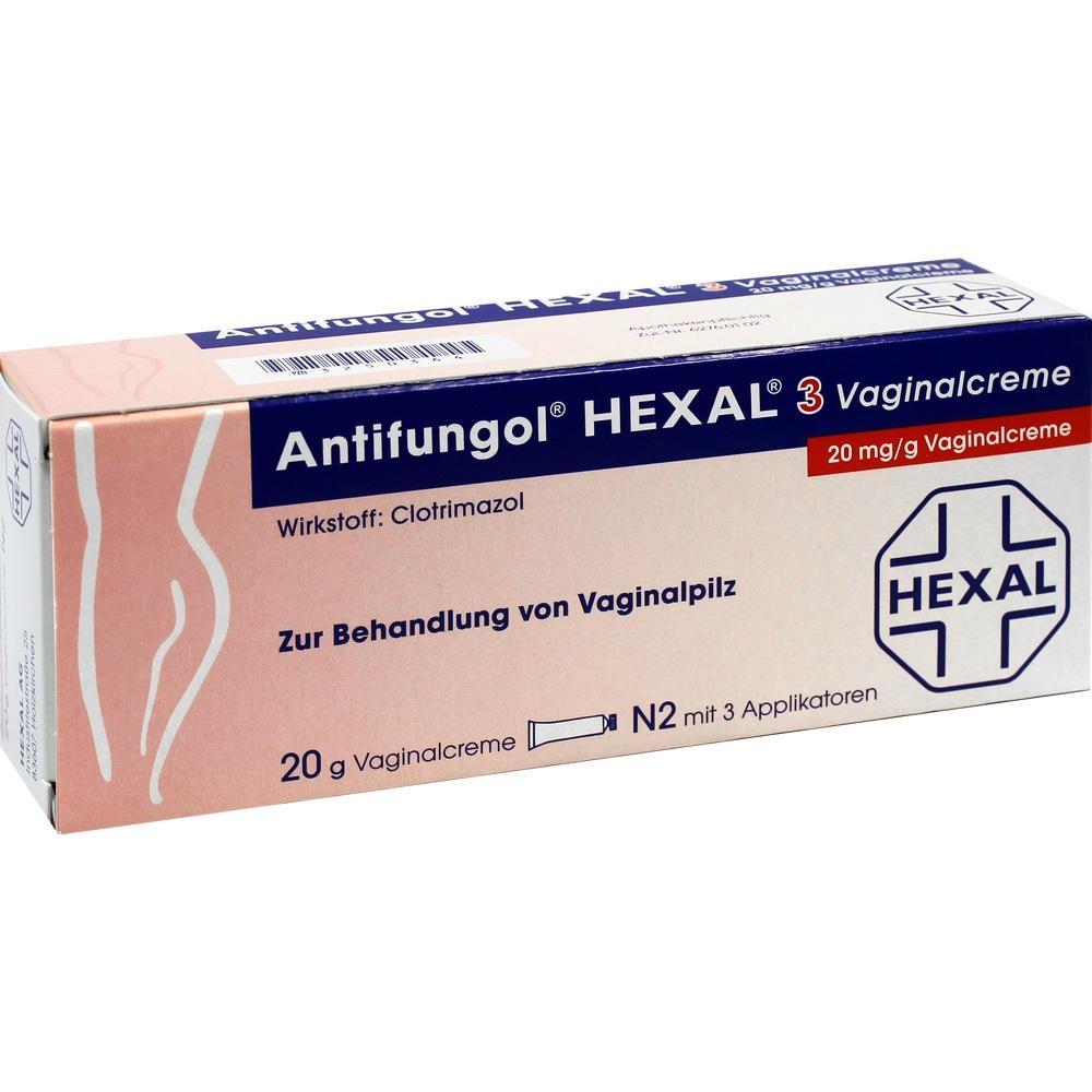 Eine weiße Packung Hexal-Vaginalcreme zur Behandlung von Pilzinfektionen.