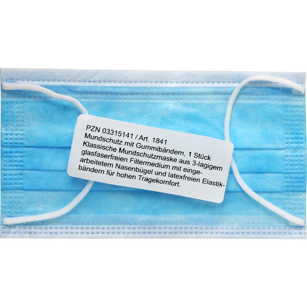Blaue Maske mit Gummibändern und Etikett in der Mitte.