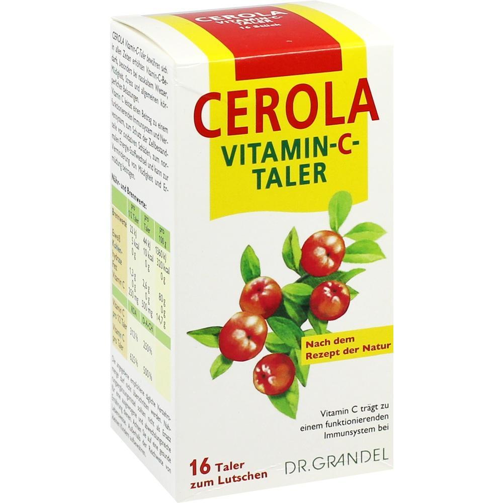 Eine Packung Cerola Vitamin-C-Taler mit Zeichnung von roten Beeren.