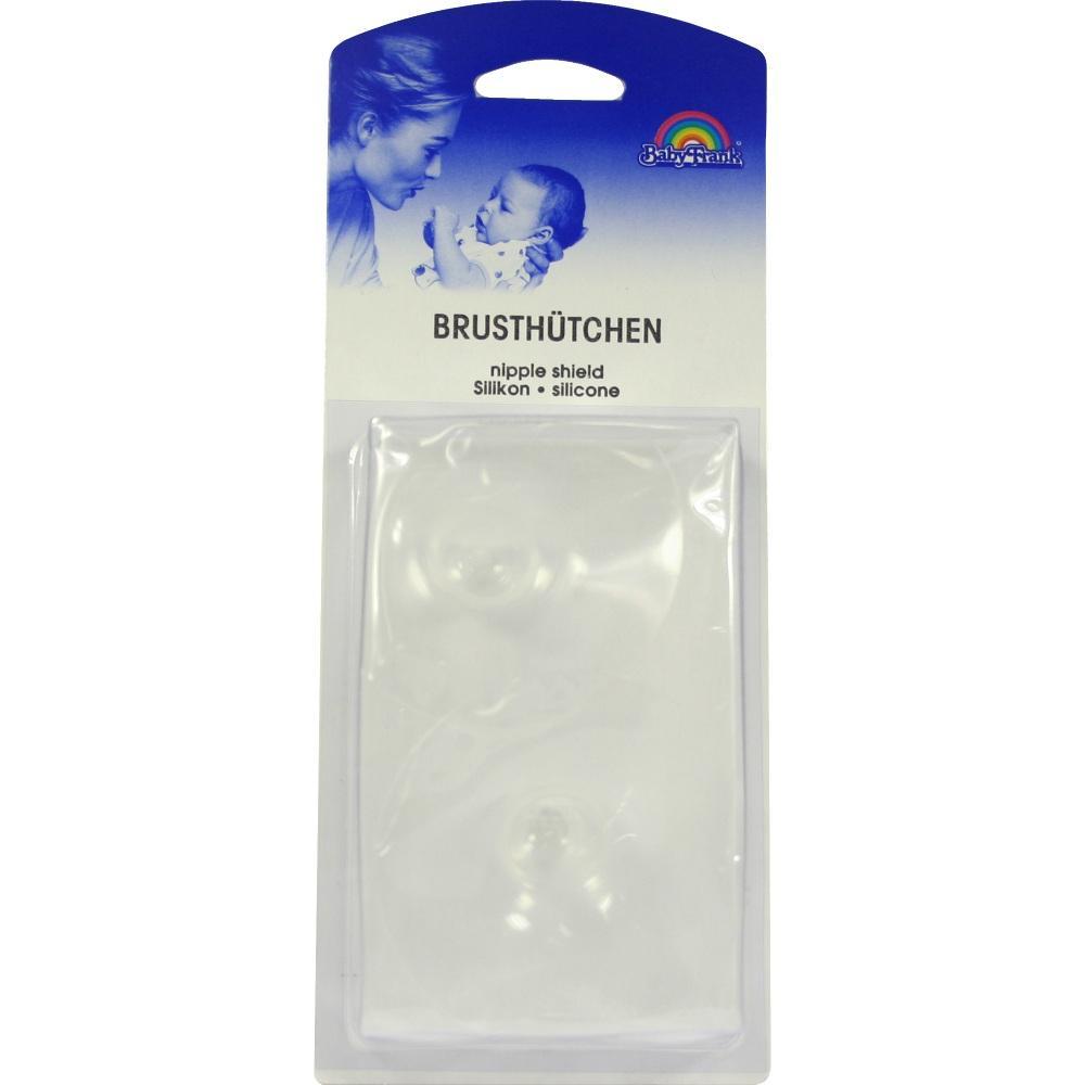 Verpackung mit Brusthütchen aus Silikon neben Bild einer Mutter mit Baby.