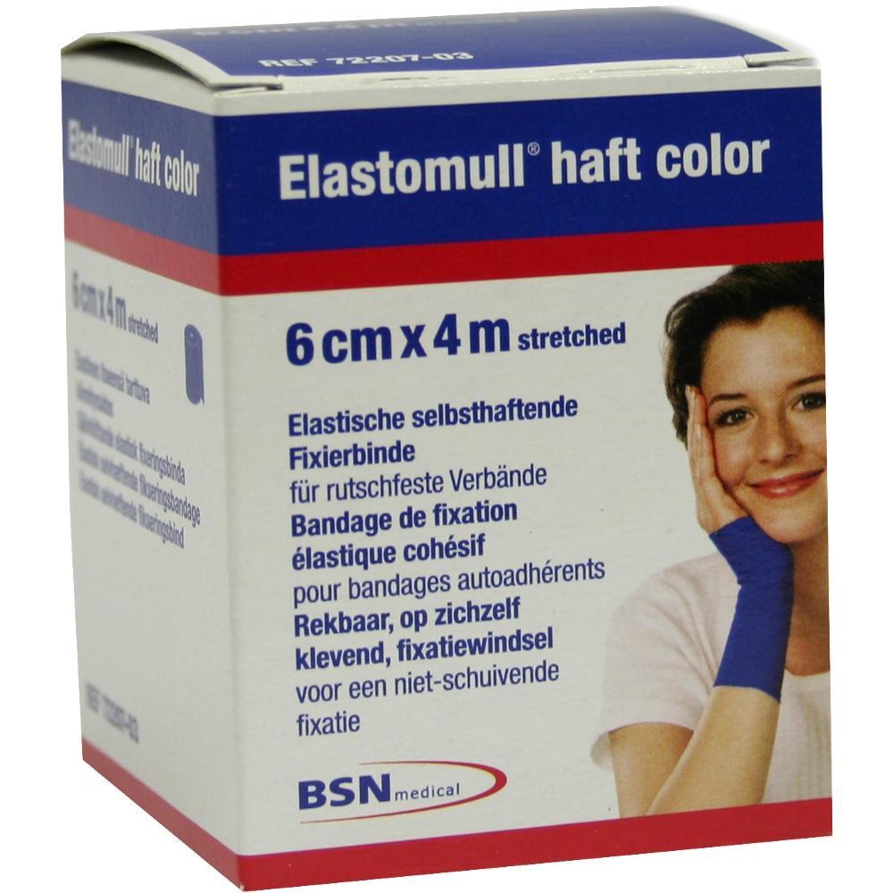 Verpackung einer elastischen Fixierbinde, 6 cm breit und 4 m lang, mit lächelnder Person.
