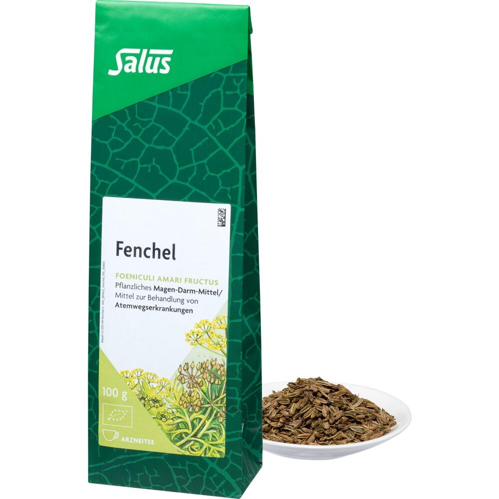 Grüner Teebeutel mit Fenchel und eine Schale mit Fenchelsamen.