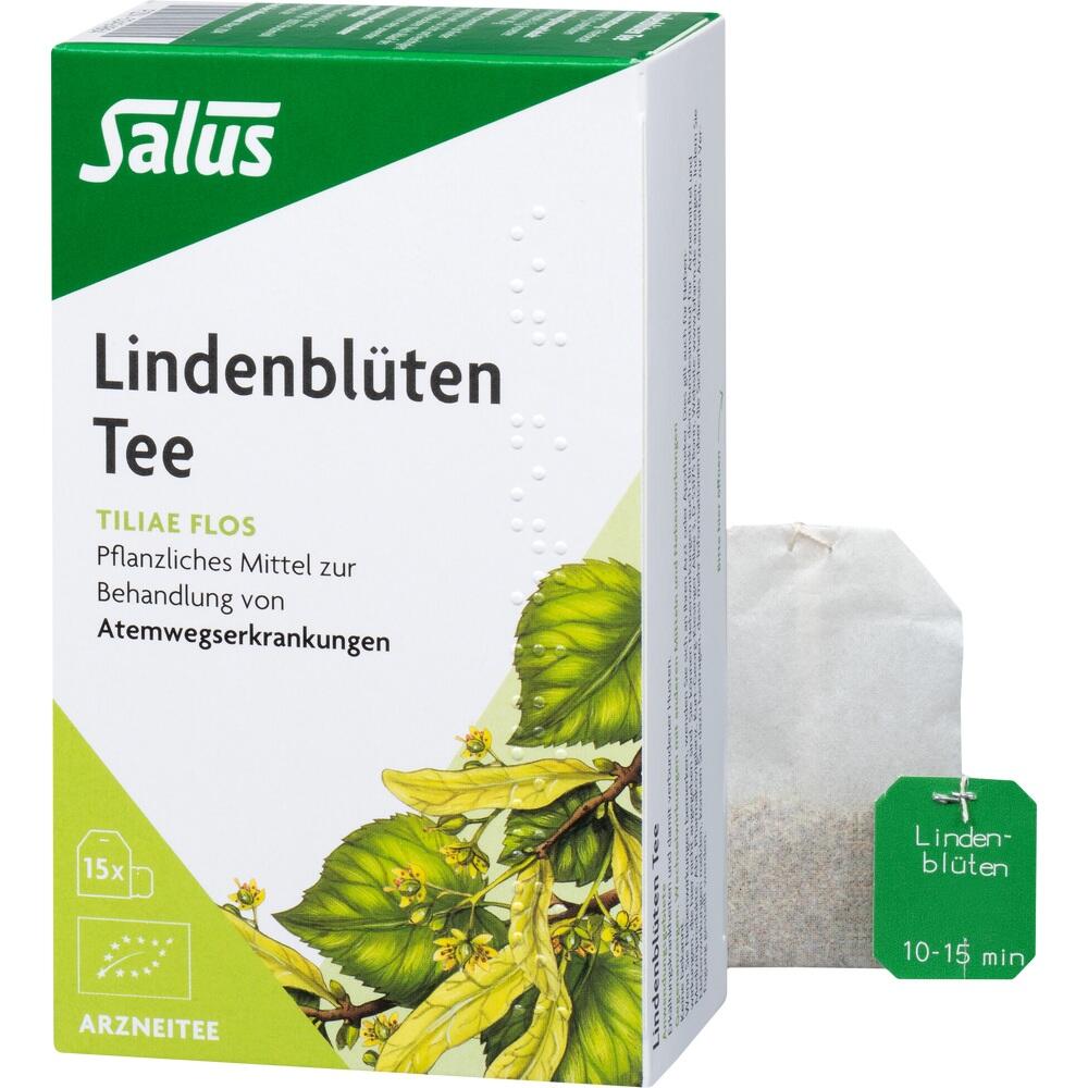 Eine Packung Lindenblütentee mit einem Teebeutel im Vordergrund.