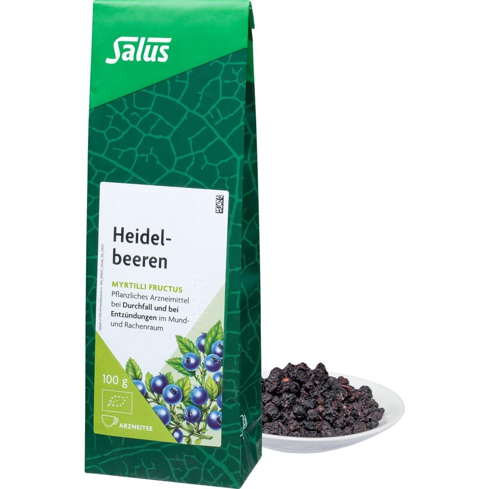 Eine grüne Packung Heidelbeeren-Tee neben einer Schale mit getrockneten Beeren.