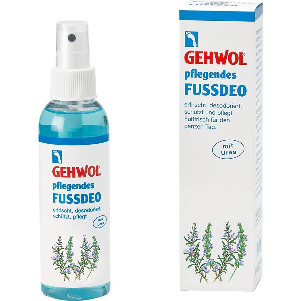 Eine Flasche und Schachtel von Fußdeo der Marke Gehwol mit Blau und Pflanzenmotiv.