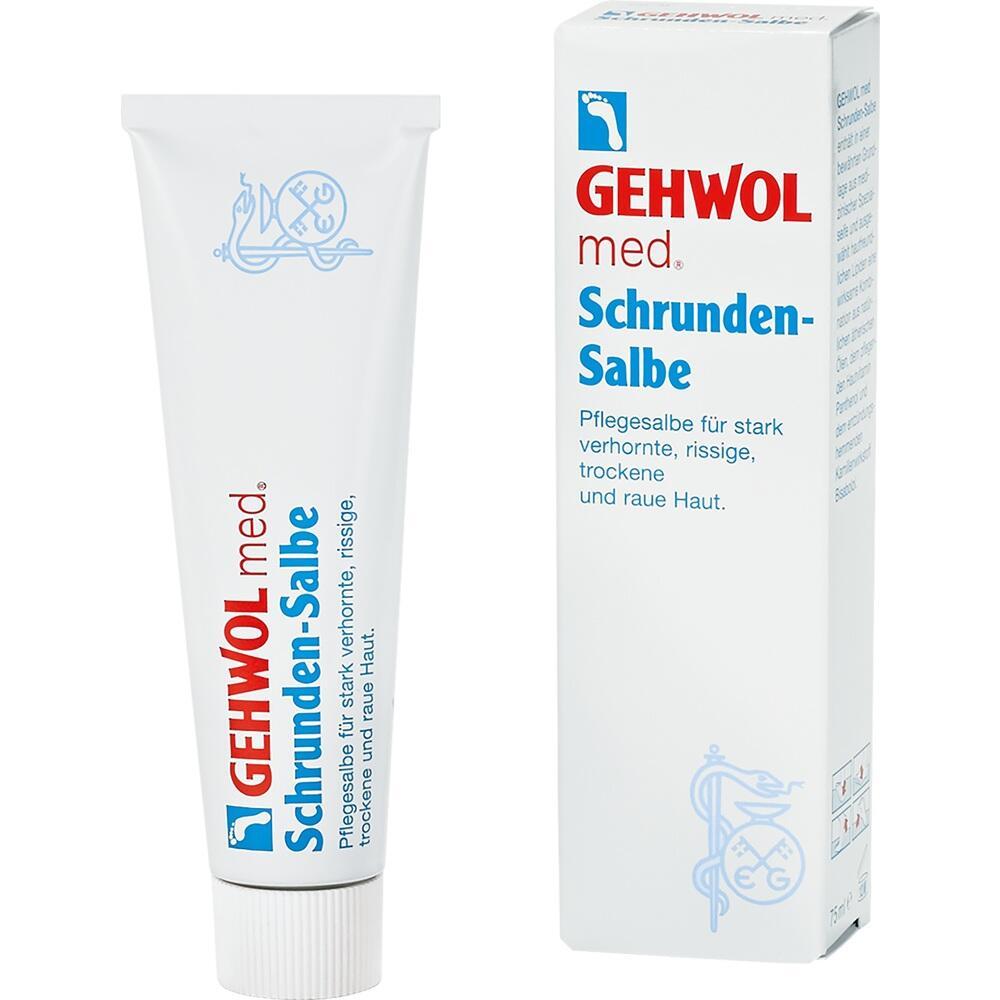 Weiße Tube und Schachtel mit der Aufschrift "GEHWOL med Schrunden-Salbe".