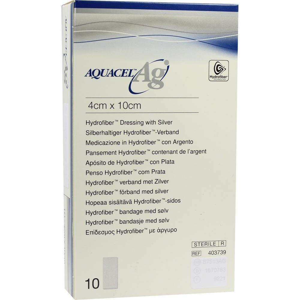 Verpackung von Aquacel AG silberhaltigem Hydrofiber-Verband, Größe 4x10cm.