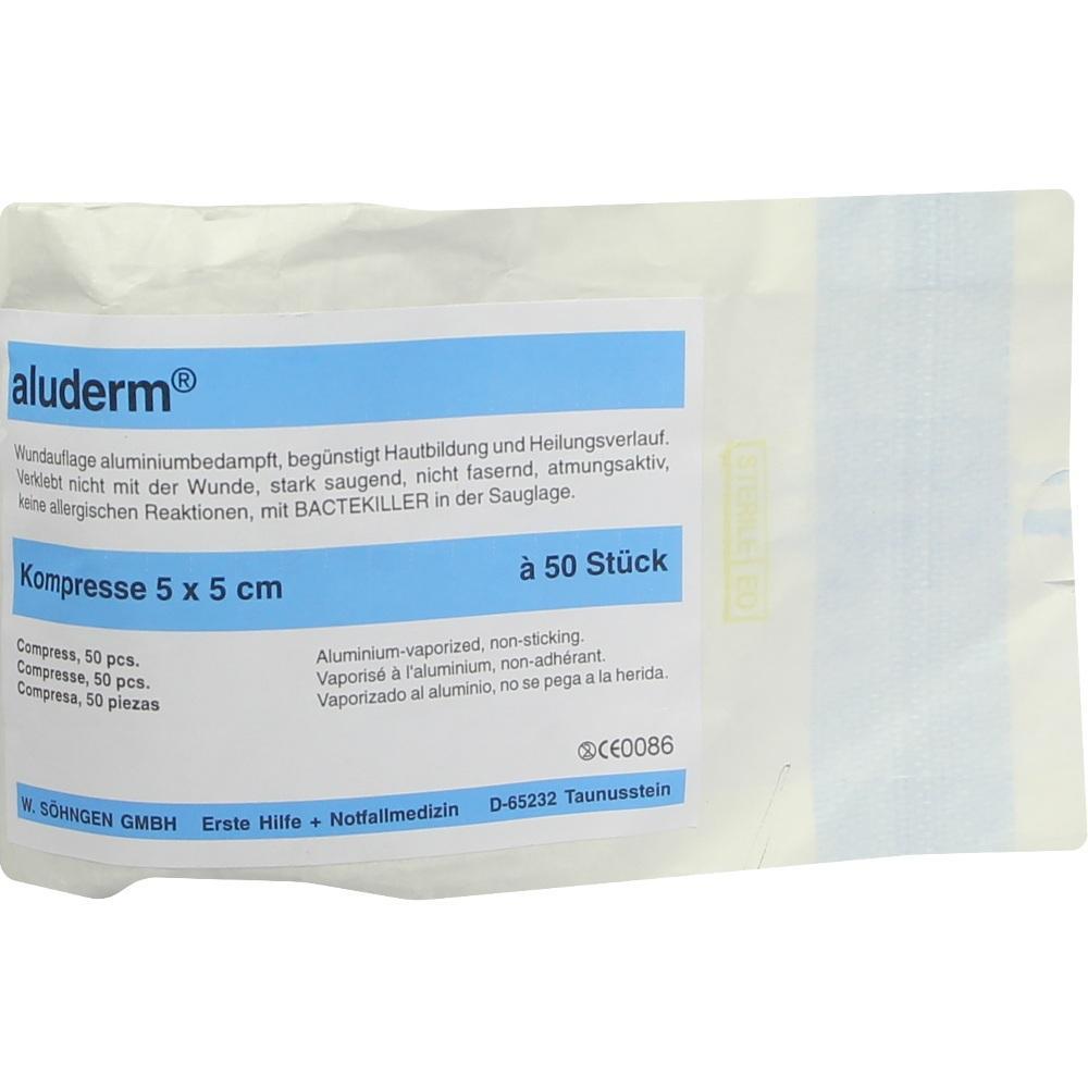 Eine Packung Aluderm-Kompressen mit 50 Stück zur Wundversorgung.