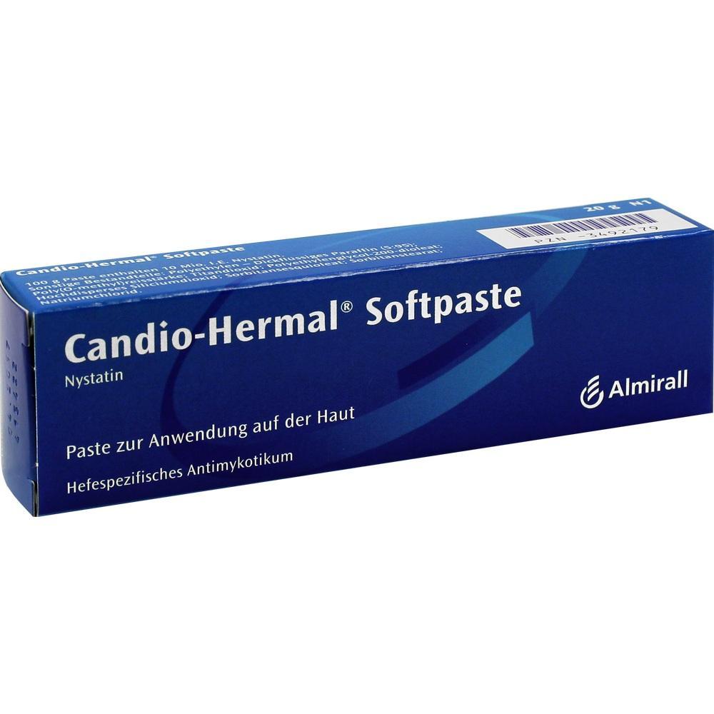 Blaue Verpackung von Candio-Hermal Softpaste für Hautanwendung.