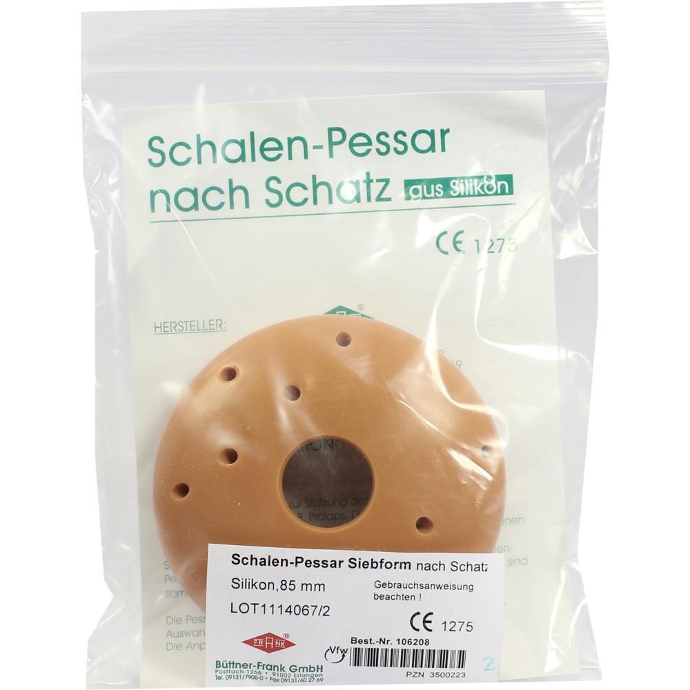 Ein runder Silikon-Pessar in einer durchsichtigen Plastikverpackung.