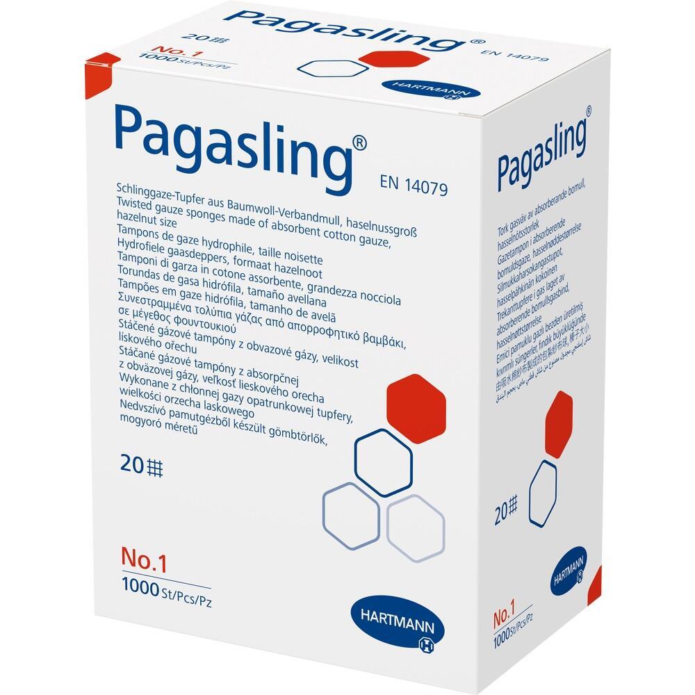 Eine Packung mit aufgedrucktem Text zu Schlinggazetupfern aus Baumwolle.