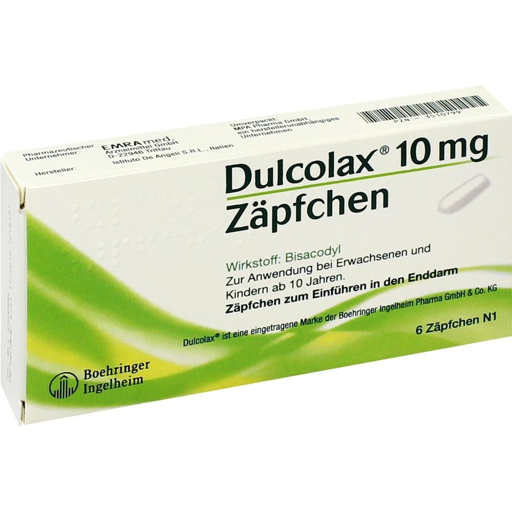 Verpackung von Dulcolax Zäpfchen mit der Aufschrift "10 mg".