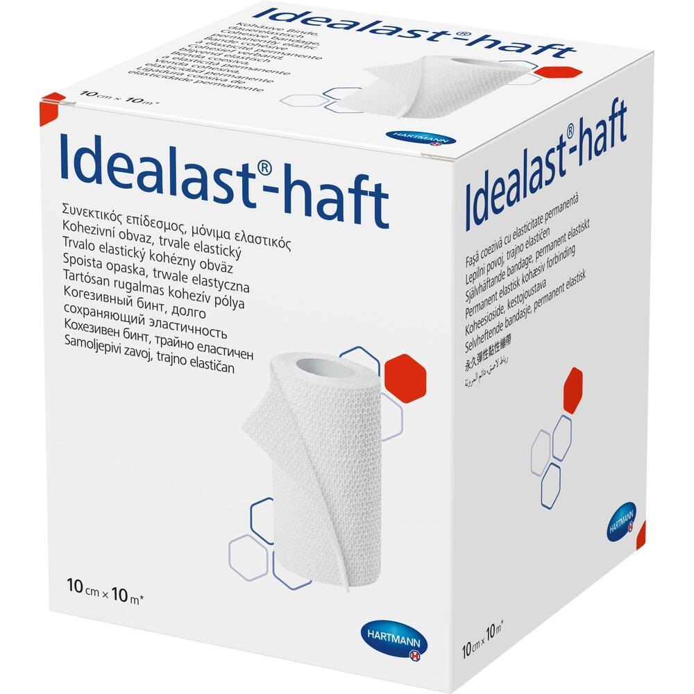 Eine Packung mit einem weißen, elastischen Verband namens Idealast-haft.