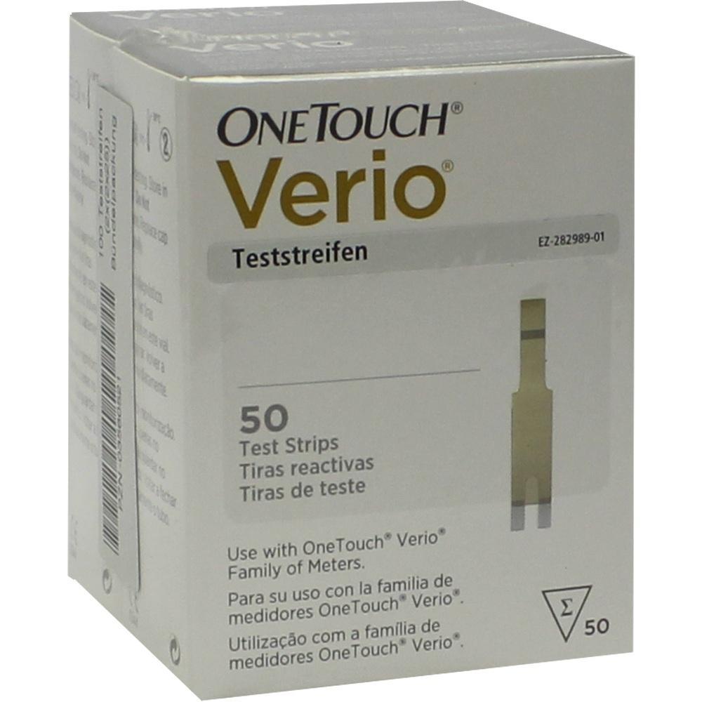 Eine Schachtel mit 50 OneTouch Verio Teststreifen f&uuml;r Blutzuckermessger&auml;te.