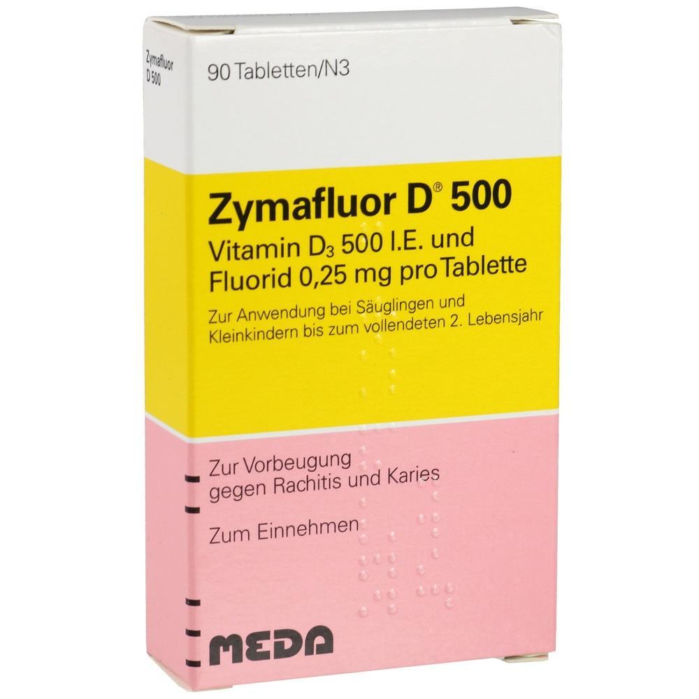 Eine Packung ZYMAFLUOR D 500 Tabletten gegen Rachitis und Karies bei Kleinkindern.