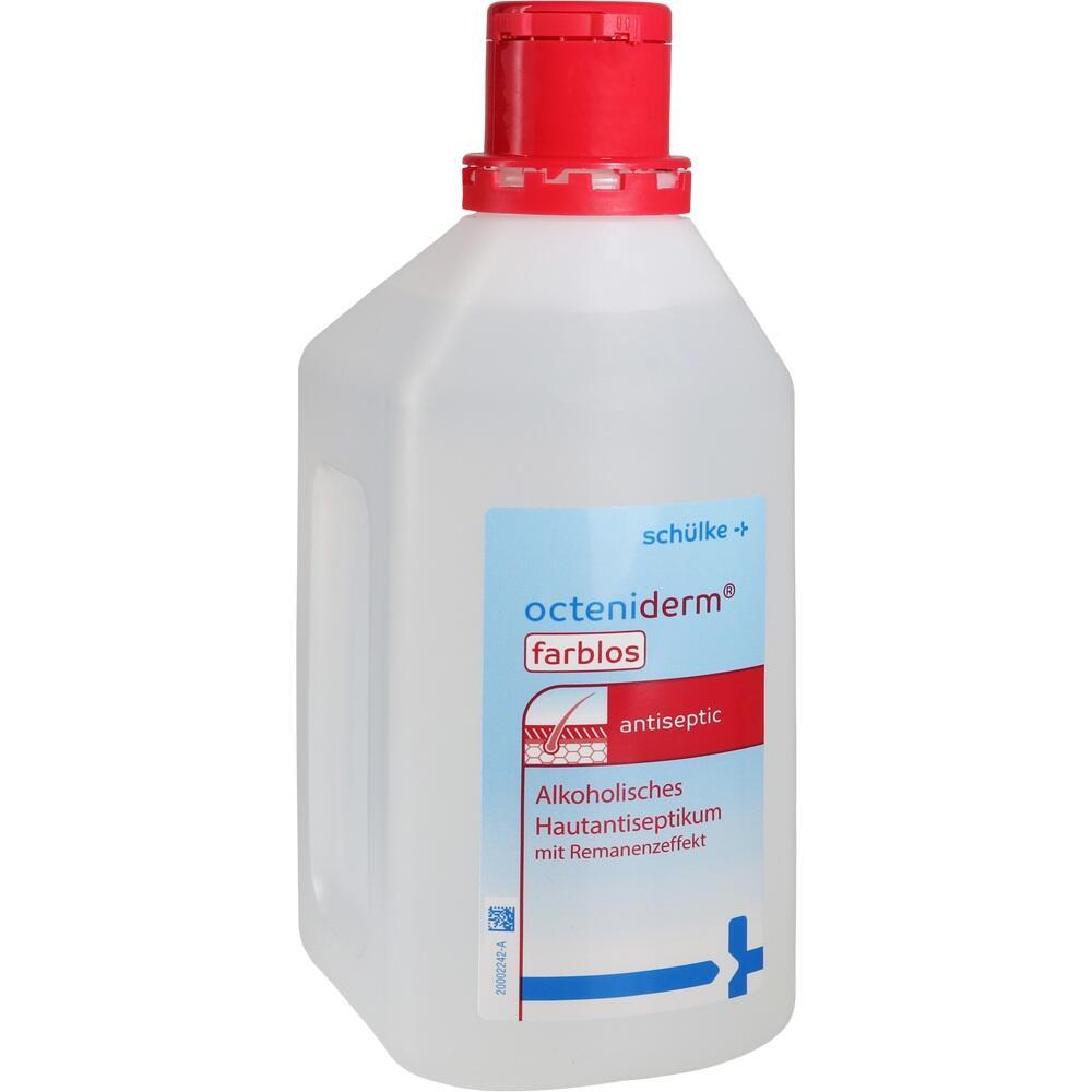 Flasche mit antiseptischem Hautdesinfektionsmittel und rotem Deckel.
