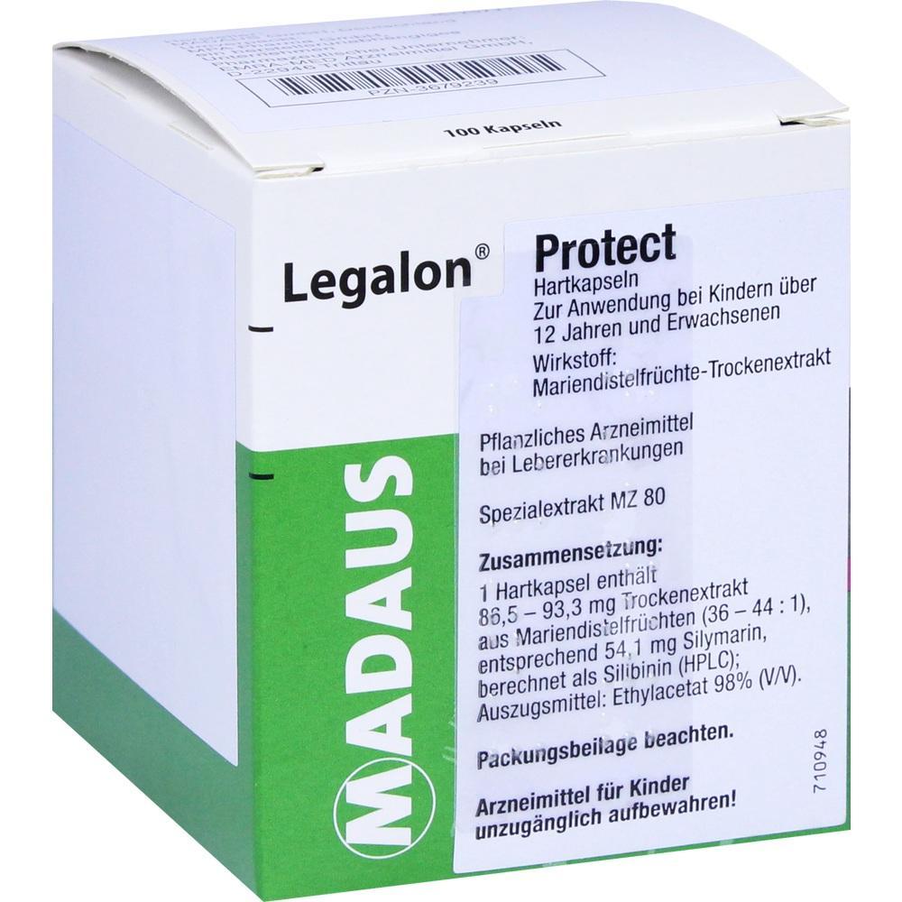 Weiße und grüne Verpackung eines Medikaments namens Legalon Protect.