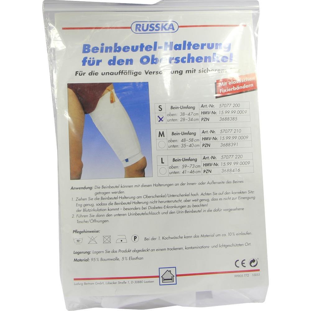 Verpackung für eine Oberschenkel-Halterung für Beinbeutel mit Größentabelle.