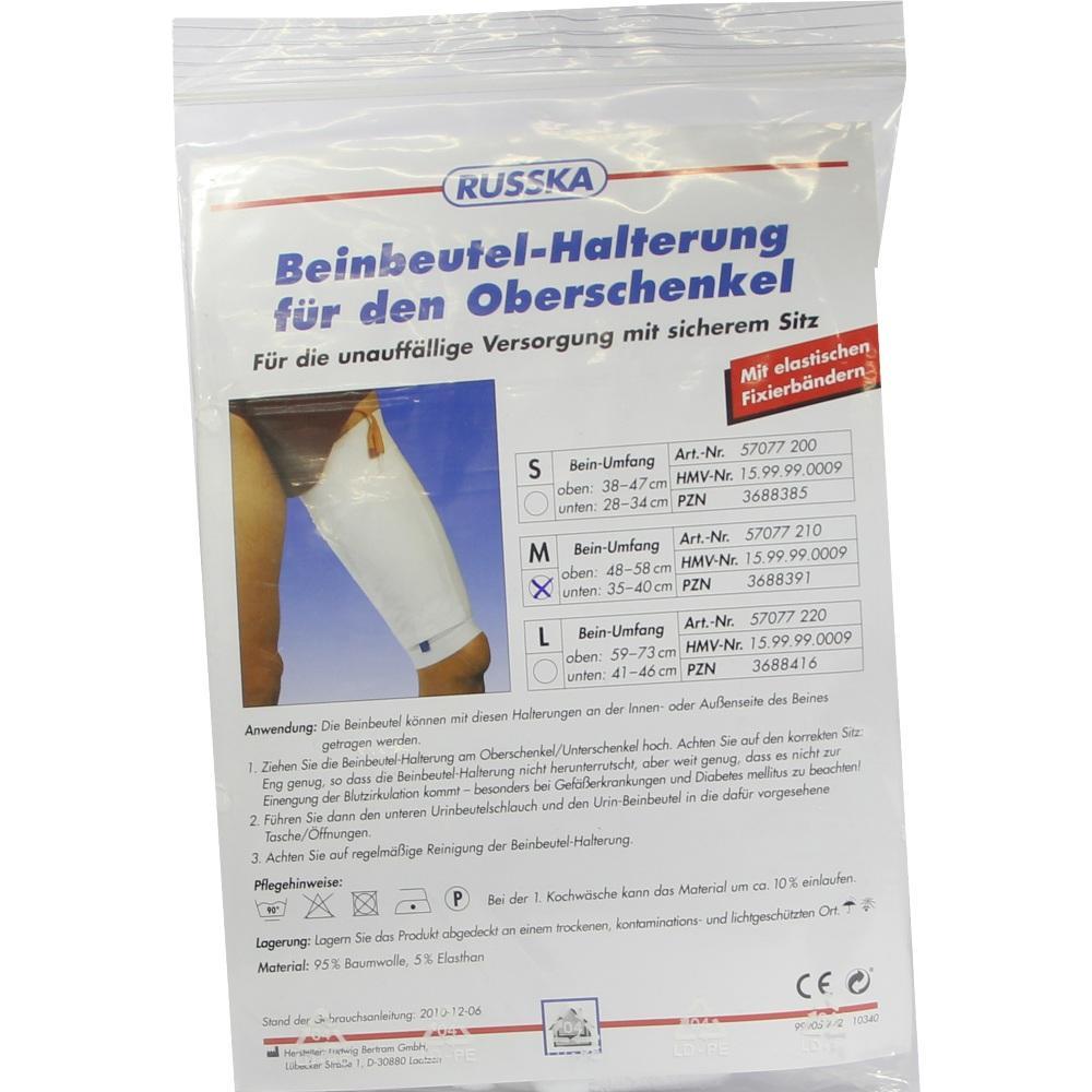 Verpackung für eine Beinbeutel-Halterung mit Textbeschreibung und Größenangaben.