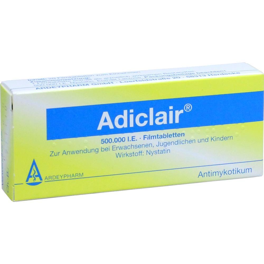 Eine gelbe Schachtel mit der Aufschrift "Adiclair" und der Angabe "Antimykotikum".