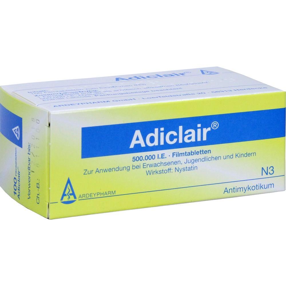 Eine gelbe Packung von Adiclair Filmtabletten zur Anwendung bei Menschen.