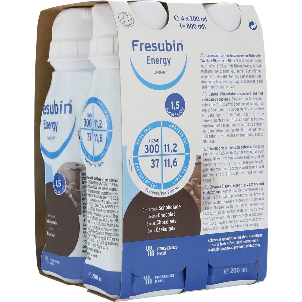 Vier Flaschen Fresubin Energy Schokoladengeschmack zur medizinischen Ernährung.