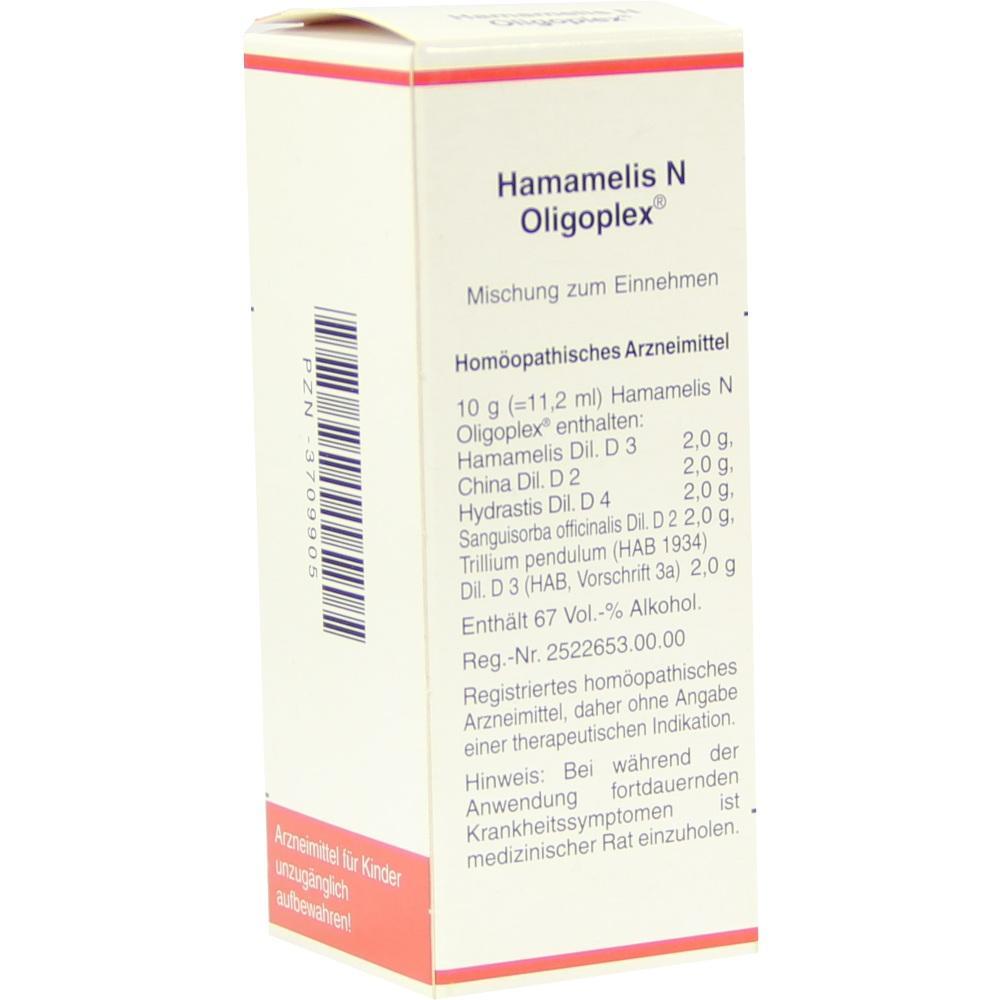 Verpackung eines homöopathischen Mittels namens Hamamelis N Oligoplex in Cremefarben.