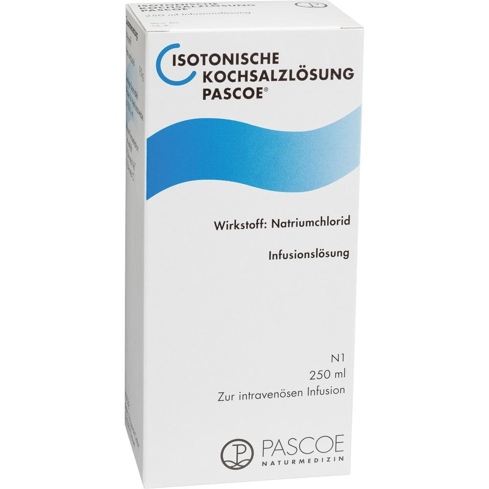 Weiße Verpackung mit blauer Welle, darauf steht "Isotonische Kochsalzlösung Pascoe".