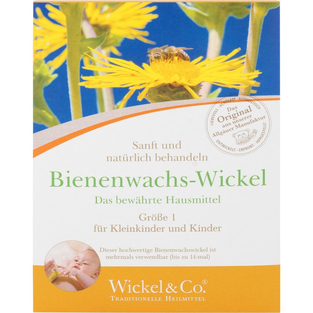 Verpackung für Bienenwachs-Wickel für Kinder mit gelber Blume und Babybild.