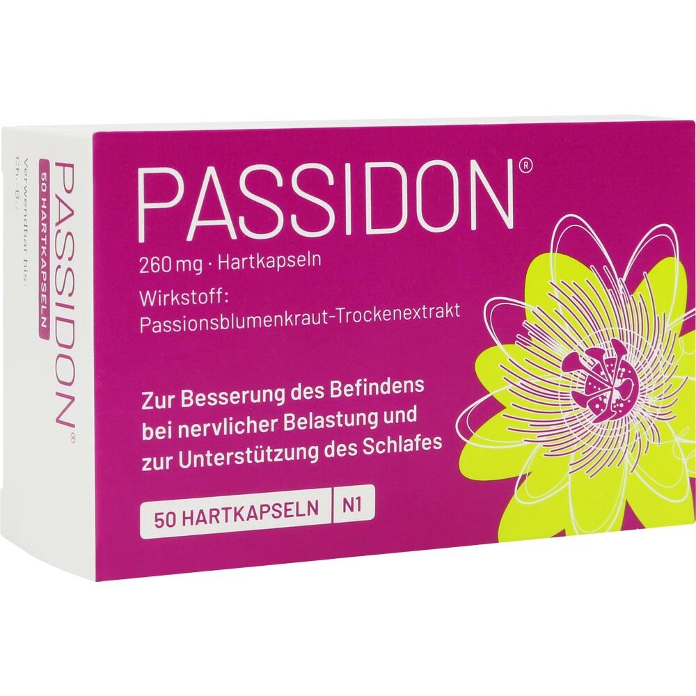Gelbe Packung mit dem pflanzlichen Beruhigungsmittel Passidon in Hartkapseln.