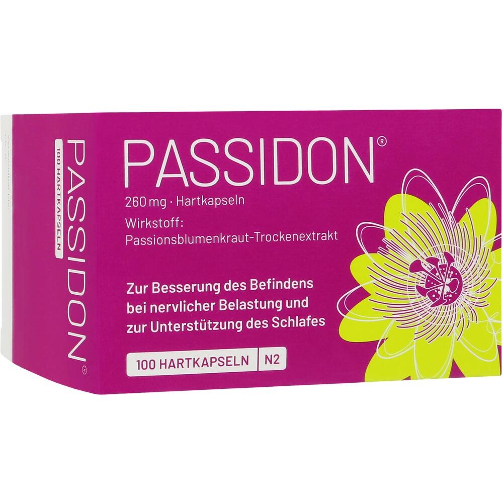 Gelbe Packung von Passidon Hartkapseln, ein pflanzliches Beruhigungsmittel.
