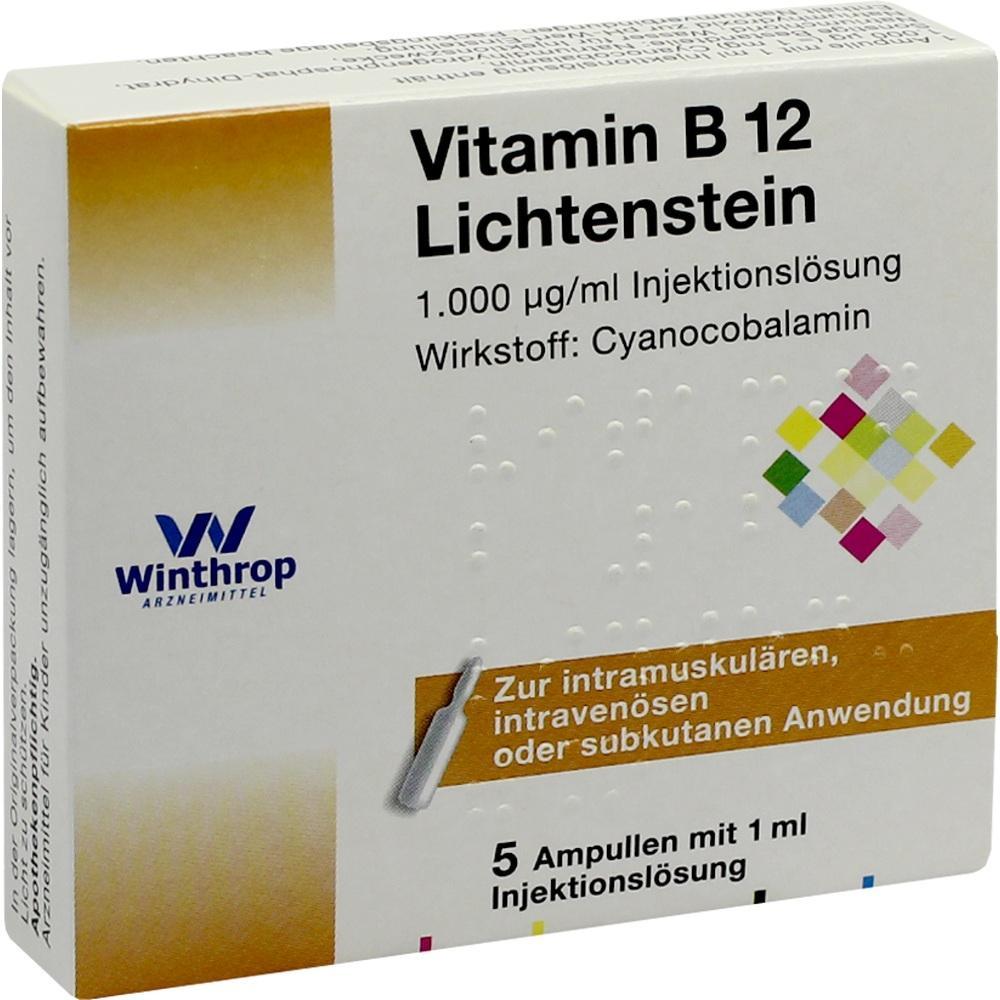 Packung Vitamin B12 Injektionslösung für intramuskuläre, intravenöse oder subkutane Anwendung.