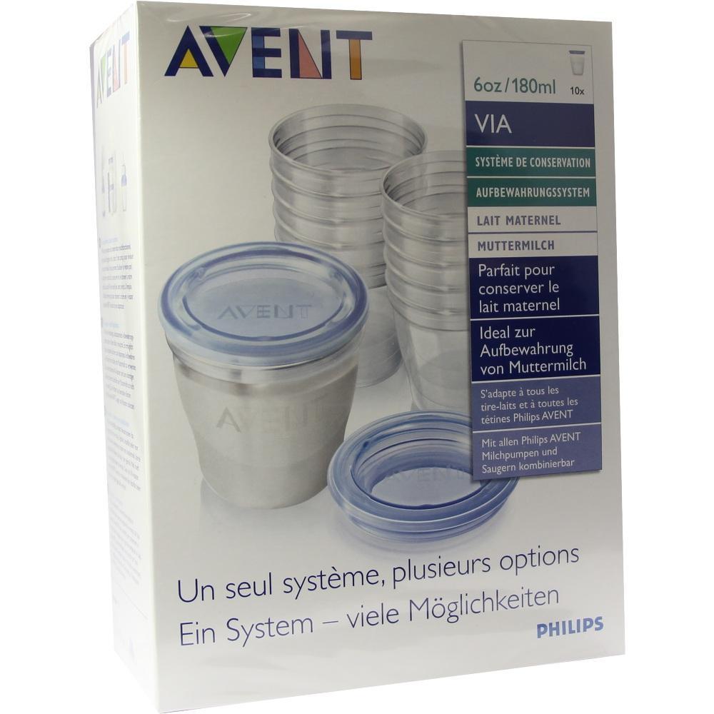 Verpackung von Avent Muttermilchbehältern mit blauen Deckeln.