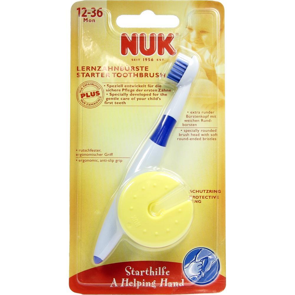 Eine NUK Kinderzahnbürste mit Schutzring in einer Verpackung.