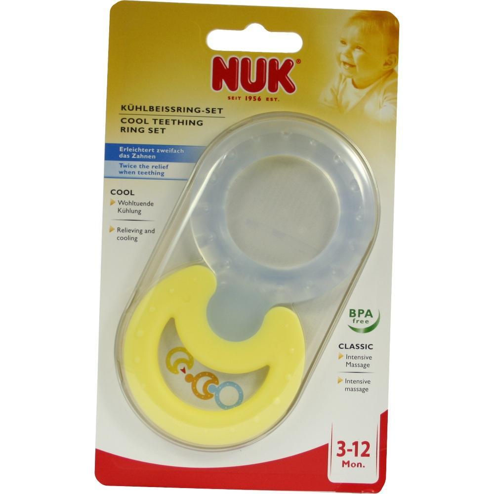 Verpackung eines Kühlbeißrings von NUK für Babys ab 3 Monaten.