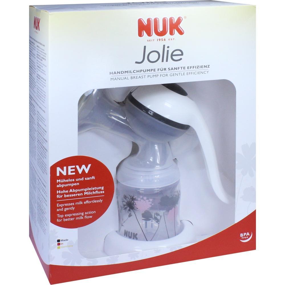 Die Verpackung zeigt eine manuelle Milchpumpe von NUK mit weißem Griff.