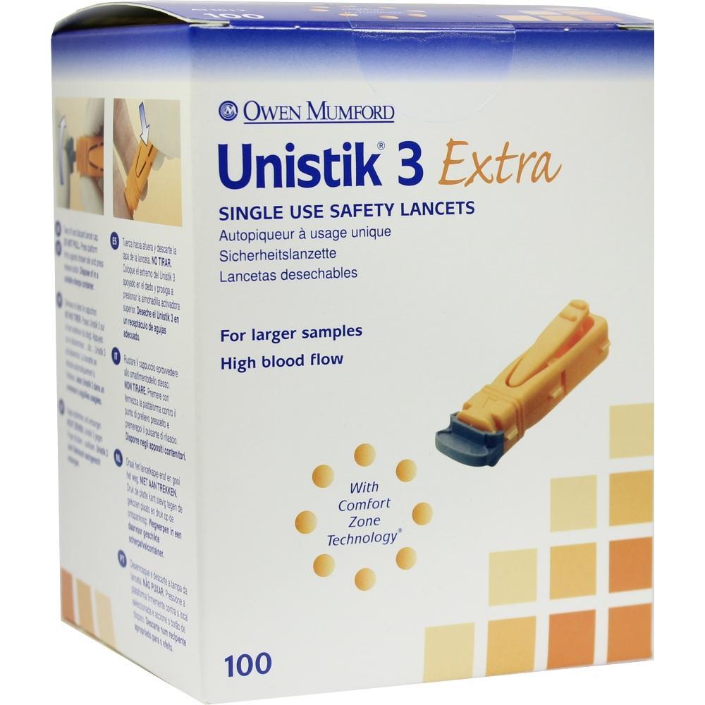 Eine Box mit 100 Einweg-Sicherheitslanzetten von Unistik 3 Extra.
