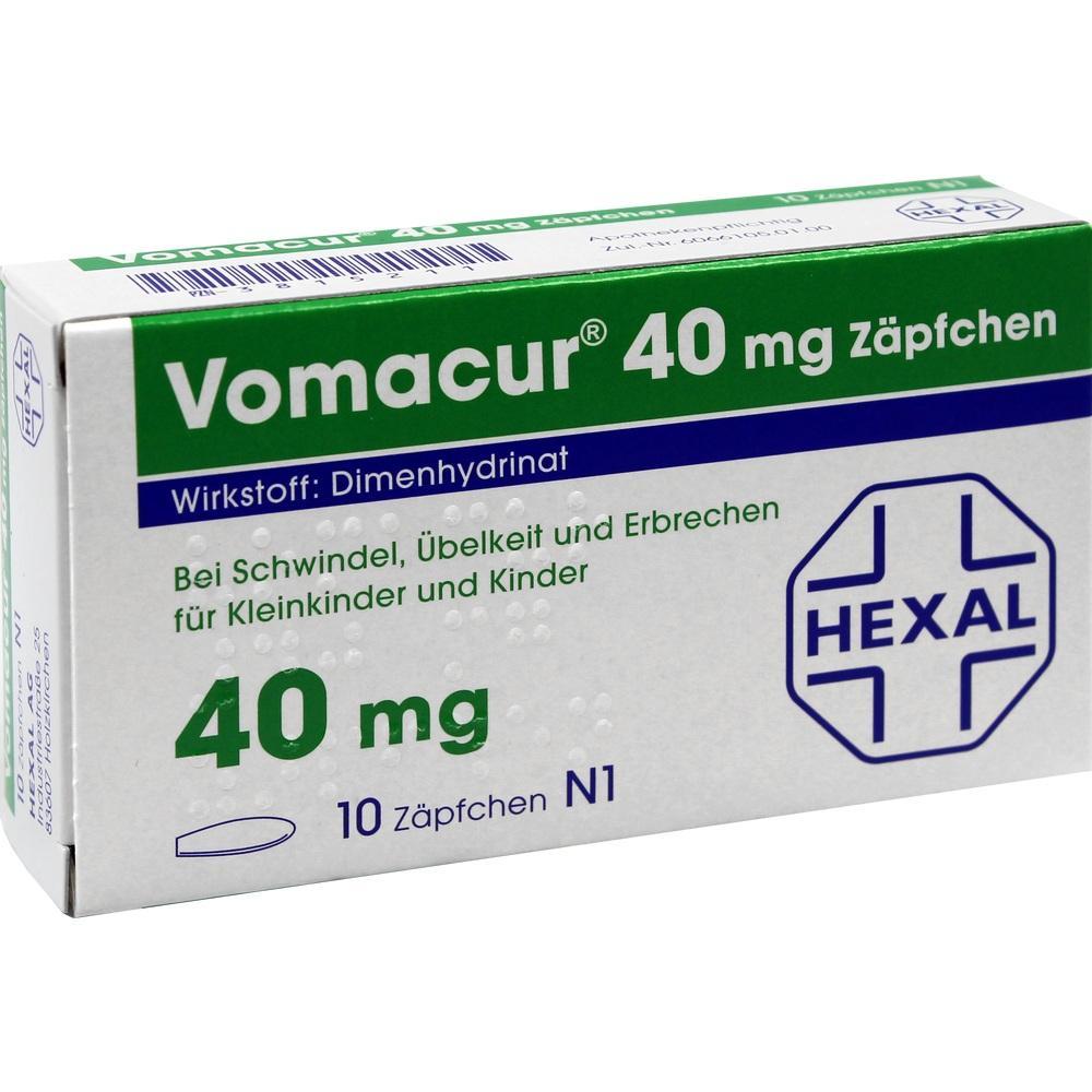 Verpackung von Vomacur 40 mg Zäpfchen gegen Übelkeit für Kleinkinder und Kinder.