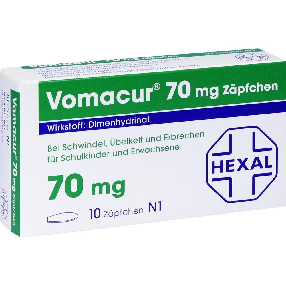 Packung von Vomacur 70 mg Zäpfchen gegen Übelkeit und Schwindel.
